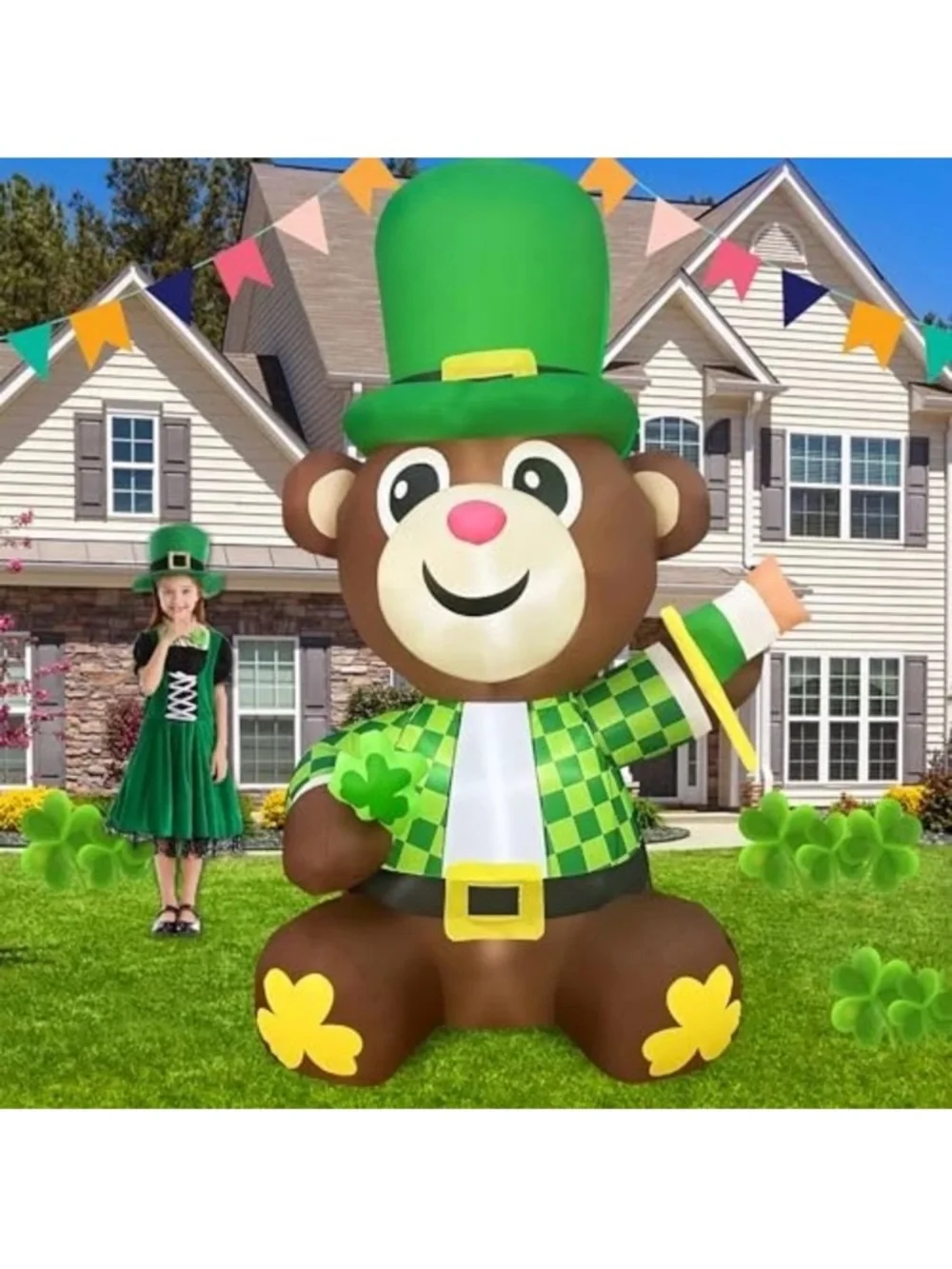 St Patricks Day Inflatable Bear Decoration LED Lighted Blow up for Home 4FT